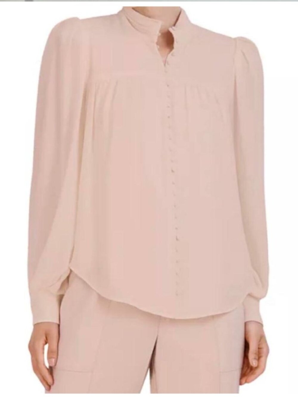 BCBGMAXAZRIA Blush Pink Pleated Collar Covered Button Blouse – Size S